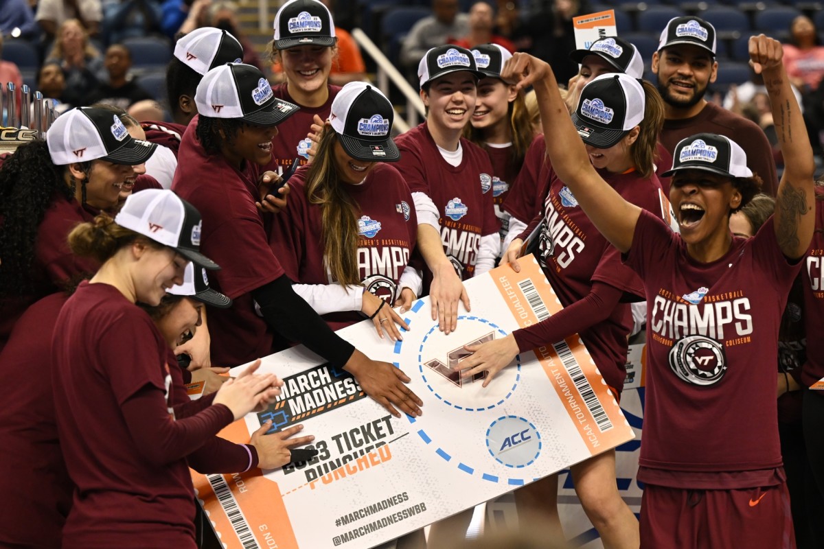 Mar 5, 2023; Greensboro, NC, USA; The Virginia Tech Hokies punch their ticket to the NCAAW tournament after winning the ACC Women's Championship over the Louisville Cardinals at Greensboro Coliseum.